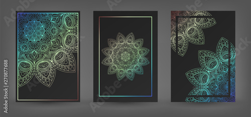 Set of black rich covers with a iridescent round patterns, shiny mandalas, oriental backgrounds