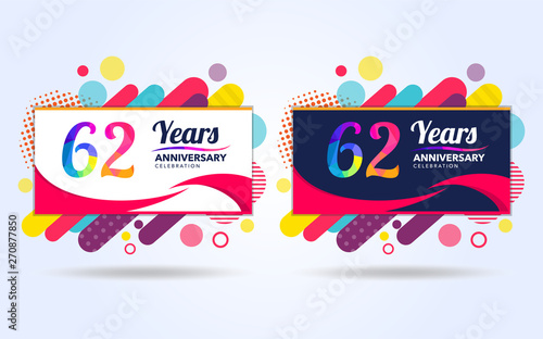 62 years pop anniversary modern design elements, colorful edition, celebration template design, pop celebration template design, white and black background