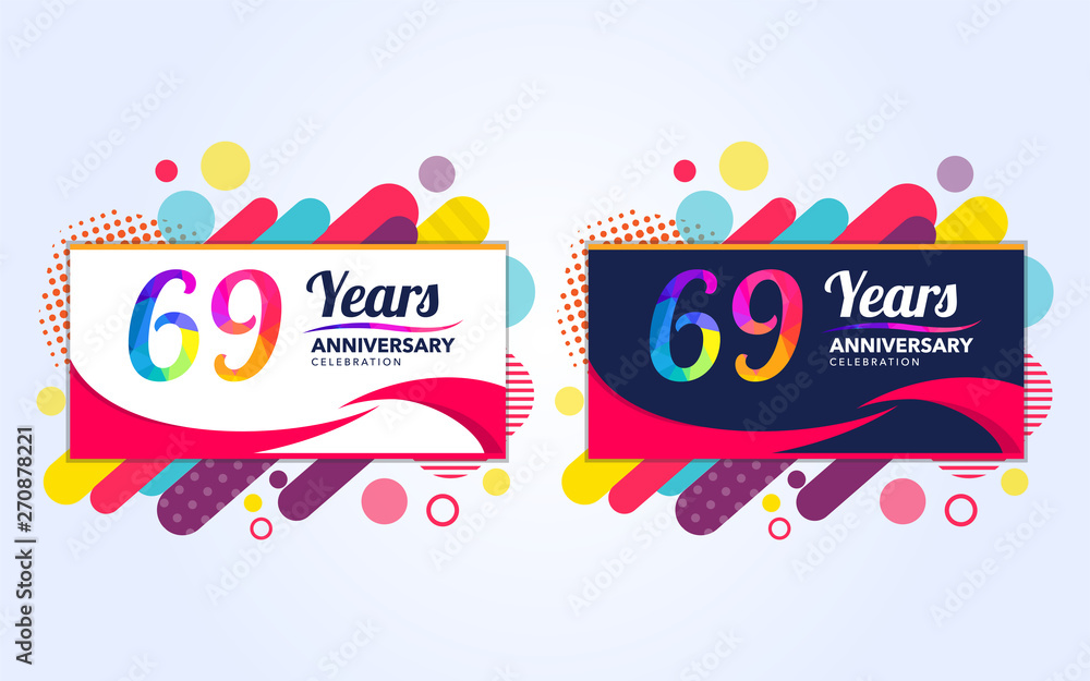69 years pop anniversary modern design elements, colorful edition, celebration template design, pop celebration template design, white and black background