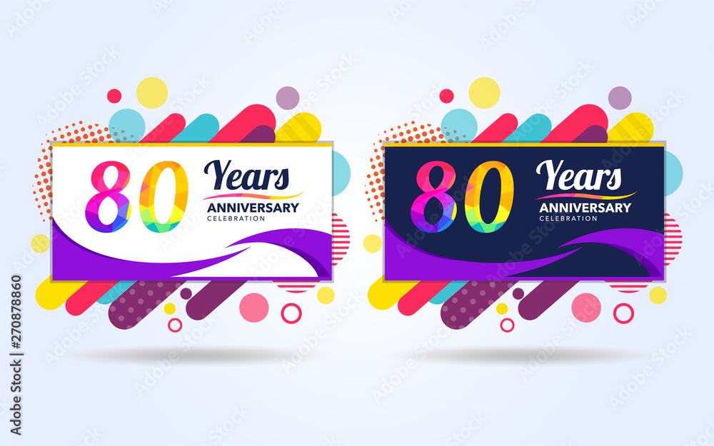 80 years pop anniversary modern design elements, colorful edition, celebration template design, pop celebration template design, white and black background
