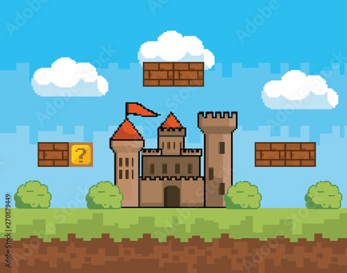 Arcade game world and pixel scene design  vector illustration