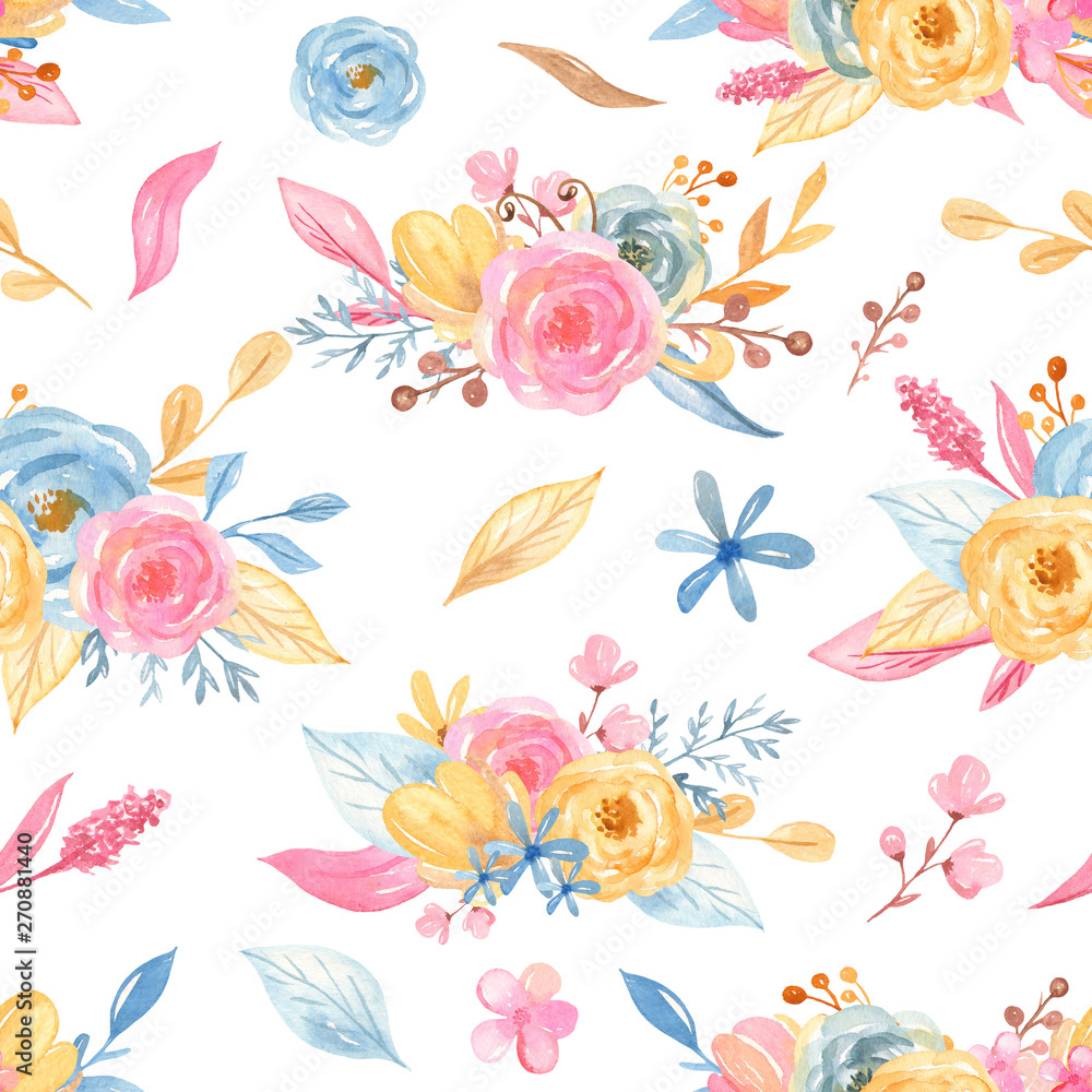 Watercolor seamless pattern with a bouquet of flowers. A collection of unicorns. Set for girls, princesses. Texture for baby design, wallpaper, scrapbooking, prints, clothing, fabrics, textiles, baby 