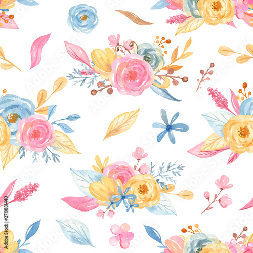 Watercolor seamless pattern with a bouquet of flowers. A collection of unicorns. Set for girls  princesses. Texture for baby design  wallpaper  scrapbooking  prints  clothing  fabrics  textiles  baby 