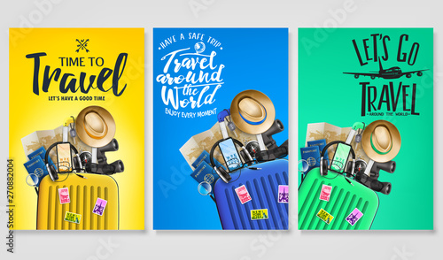 Travel Poster Set Template with Traveling Bag and Message Logo Text in Gradient Background with Mesh 3D Realistic Travel Elements. Vector Illustration
