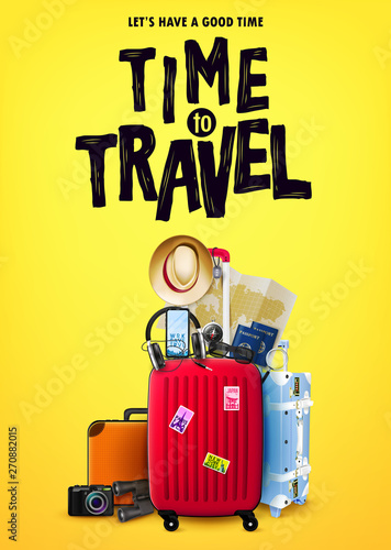 Time to Travel Tourism Poster Concept Front View with Red 3D Traveling Bag and Realistic Travel Item Elements in Yellow Orange Background Design. Vector Illustration