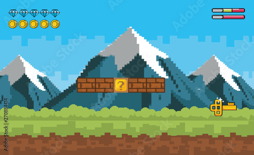 Arcade game world and pixel scene design  vector illustration