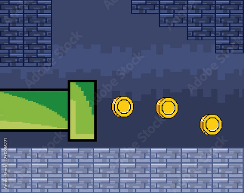 Arcade game world and pixel scene design  vector illustration