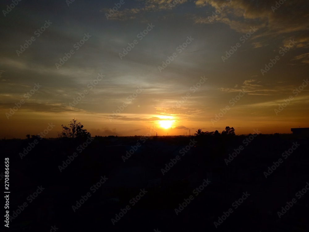 Landscape view with sunset shining background 