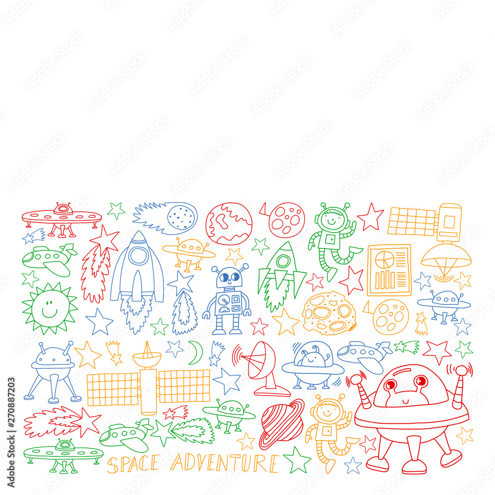 Vector set of space elements icons in doodle style. Painted, colorful, pictures on a piece of paper on white background. Vector set of space elements icons in doodle style. Painted, colorful, pictures on a piece of paper on white background.