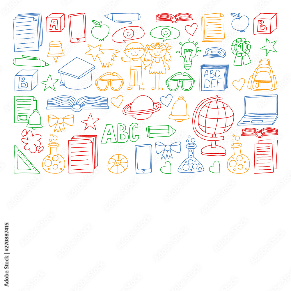 Vector set of Back to School icons in doodle style. Painted, colorful, pictures on a piece of paper on white background. Vector set of Back to School icons in doodle style. Painted, colorful, pictures on a piece of paper on white background.