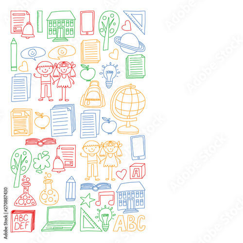 Vector set of Back to School icons in doodle style. Painted  colorful  pictures on a piece of paper on white background.