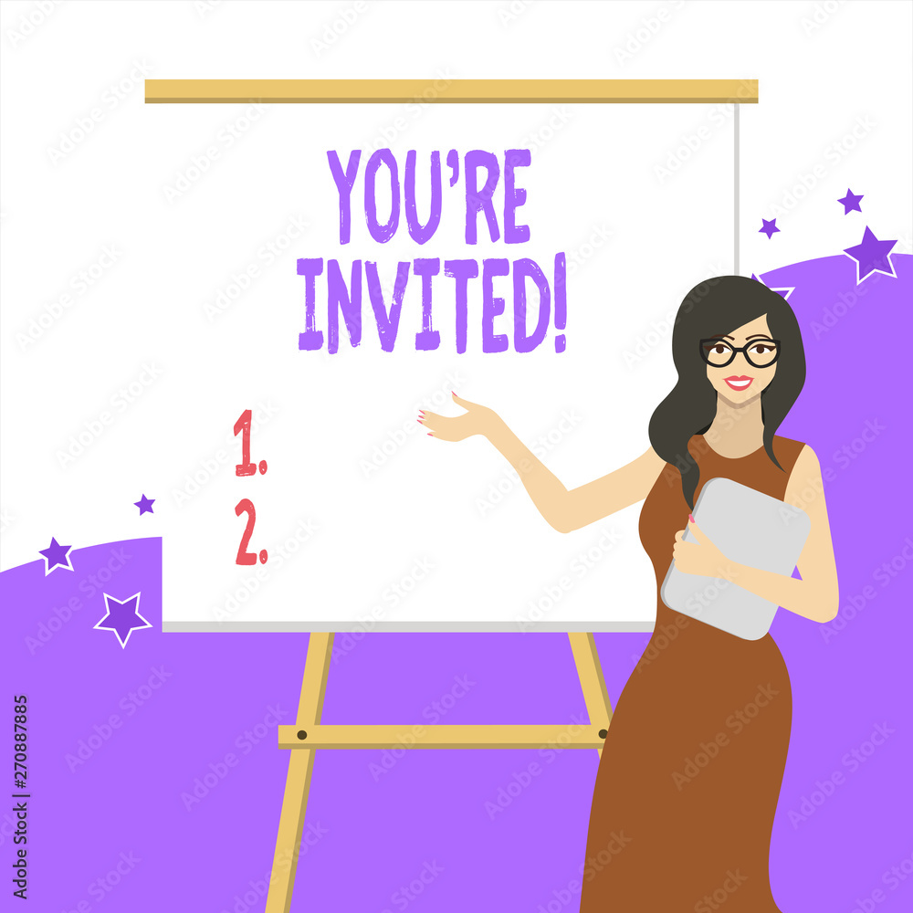 Handwriting text writing You Re Invited. Conceptual photo make a polite friendly request to someone go somewhere White Female in Glasses Standing by Blank Whiteboard on Stand Presentation Handwriting text writing You Re Invited. Conceptual photo make a polite friendly request to someone go somewhere White Female in Glasses Standing by Blank Whiteboard on Stand Presentation