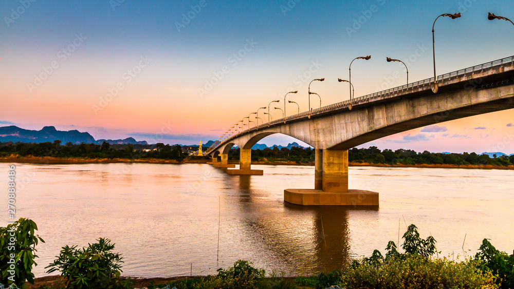 Mekong bridge over the river with blue sky, Bridge over the Mekong River at Thailand