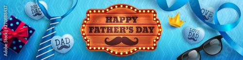 Happy Father's Day flat lay style with wood banner on blue background,blue necktie,glasses and gift box for dad.Promotion and shopping template for Father's Day.Vector illustration EPS10