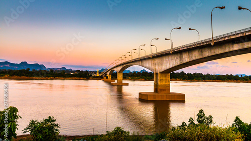 Mekong bridge over the river with blue sky, Bridge over the Mekong River at Thailand