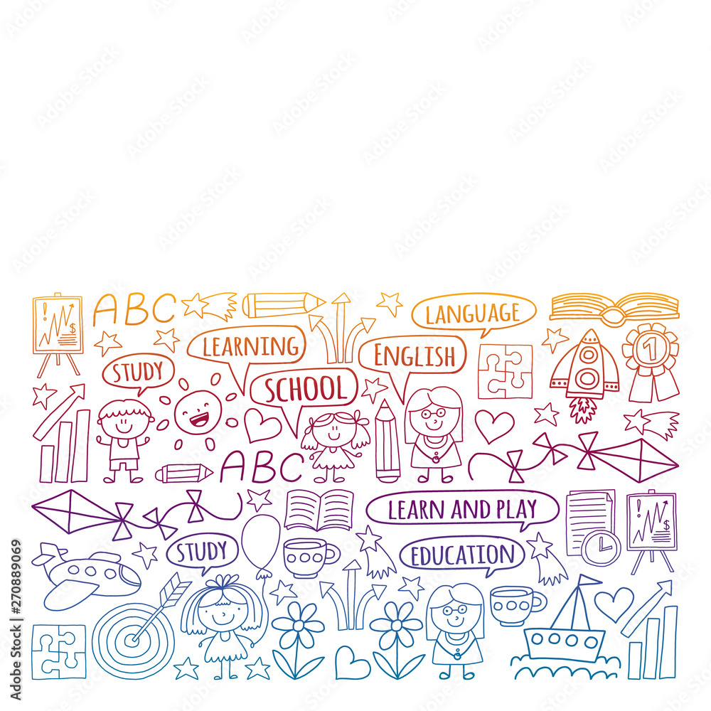 Vector set of learning English language, children's drawingicons icons in doodle style. Painted, black gradient, pictures on a piece of paper on white background.