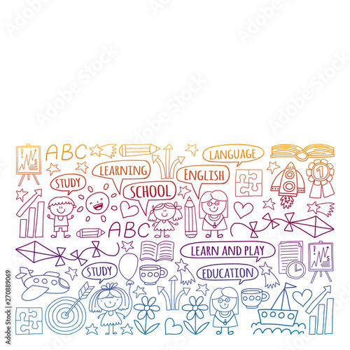 Vector set of learning English language, children's drawingicons icons in doodle style. Painted, black gradient, pictures on a piece of paper on white background.