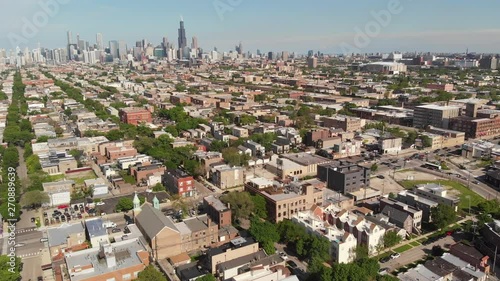 Aerial view of Chicago skyline over neighborhood