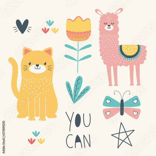 Cat and llama cartoon design vector illustration