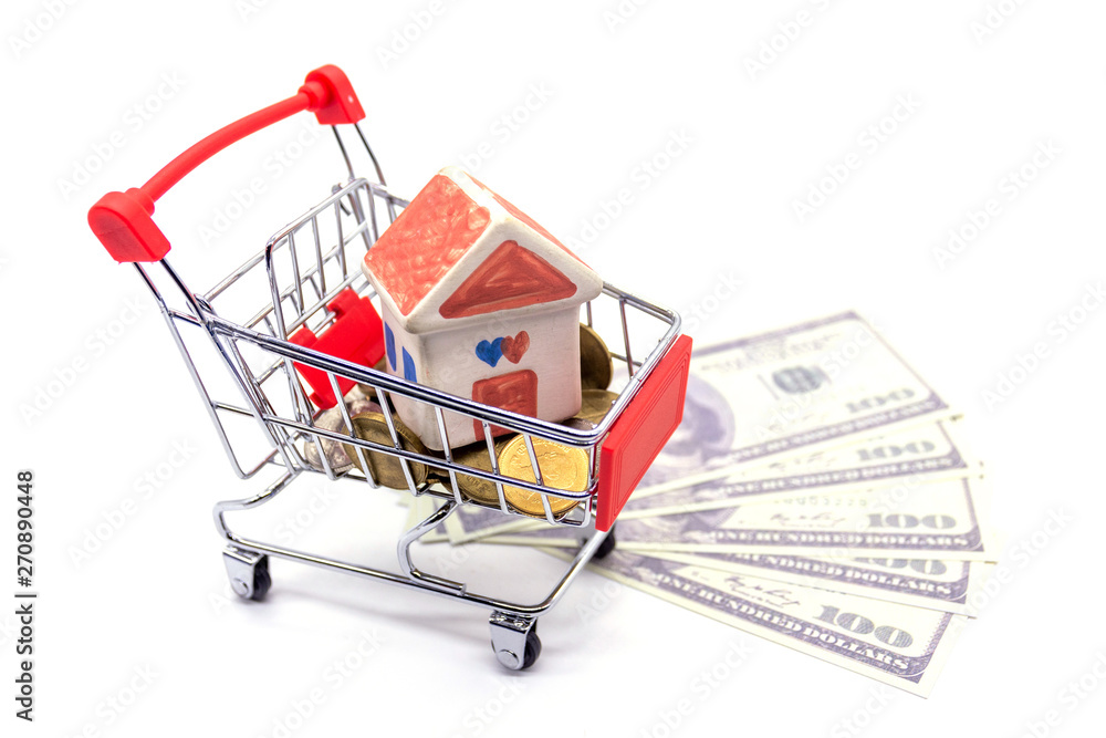 House model in mini shopping cart with stack of coins money on white blackground