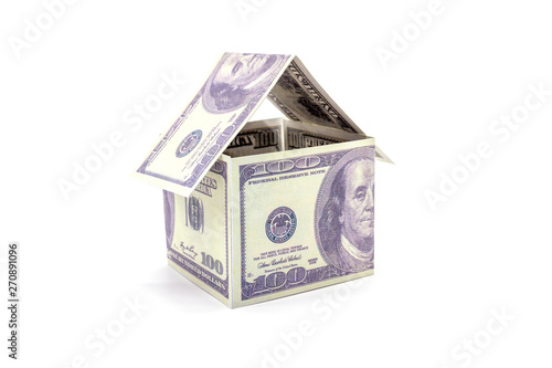 House made of cash Dollar money isolated on white background.