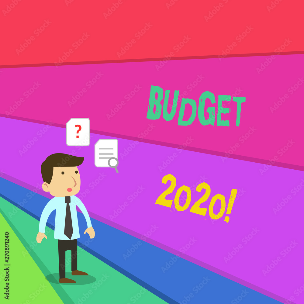 Text sign showing Budget 2020. Business photo showcasing estimate of income and expenditure for next or current year Young Male Businessman Office Worker Standing Searching Problem Solution Text sign showing Budget 2020. Business photo showcasing estimate of income and expenditure for next or current year Young Male Businessman Office Worker Standing Searching Problem Solution