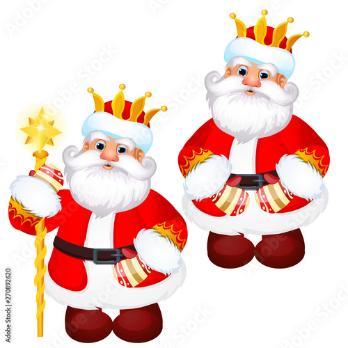 Funny Santa Claus in a gold royal crown with a golden staff isolated on white background. Sample of poster, party holiday invitation, festive banner, card. Vector cartoon close-up illustration.