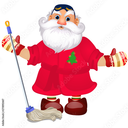 Santa Claus with a mop to wash the floors isolated on white background. Sample of poster, party holiday invitation, festive banner, card. Vector cartoon close-up illustration.