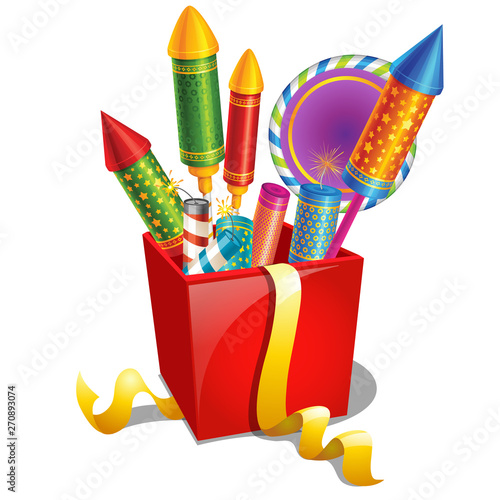 Red box with colorful holiday fireworks isolated on white background. Sample of poster, party holiday invitation, festive card. Vector cartoon close-up illustration.
