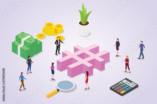 social media hashtag concept with crowd people and business icon symbol for business with isometric style - vector