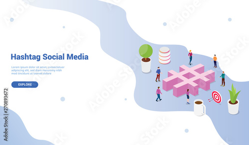 social media hashtag concept with crowd people and business icon for website template or landing homepage design - vector