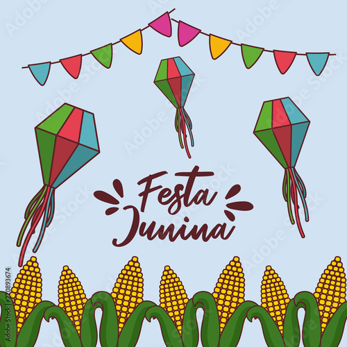 festa junina card with cobs and lanterns