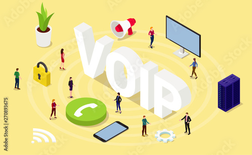 voip voice over internet protocol concept with big words and team people and icon with modern isometric isometry 3d style - vector