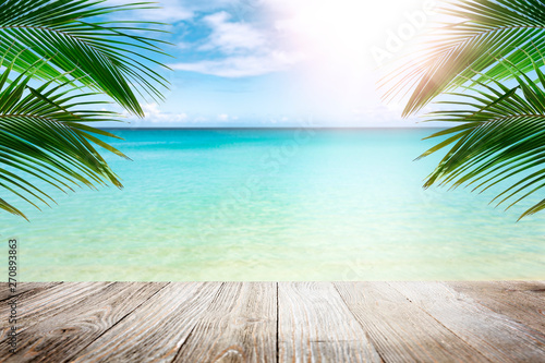 Tropical beach with palm trees, summer vacation background
