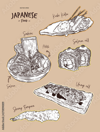 Set of Japanese food,hand draw sketch vector.