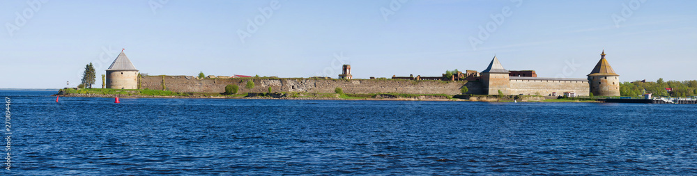 Panorama of Oreshek fortress on a sunny May day. Leningrad region, Russia