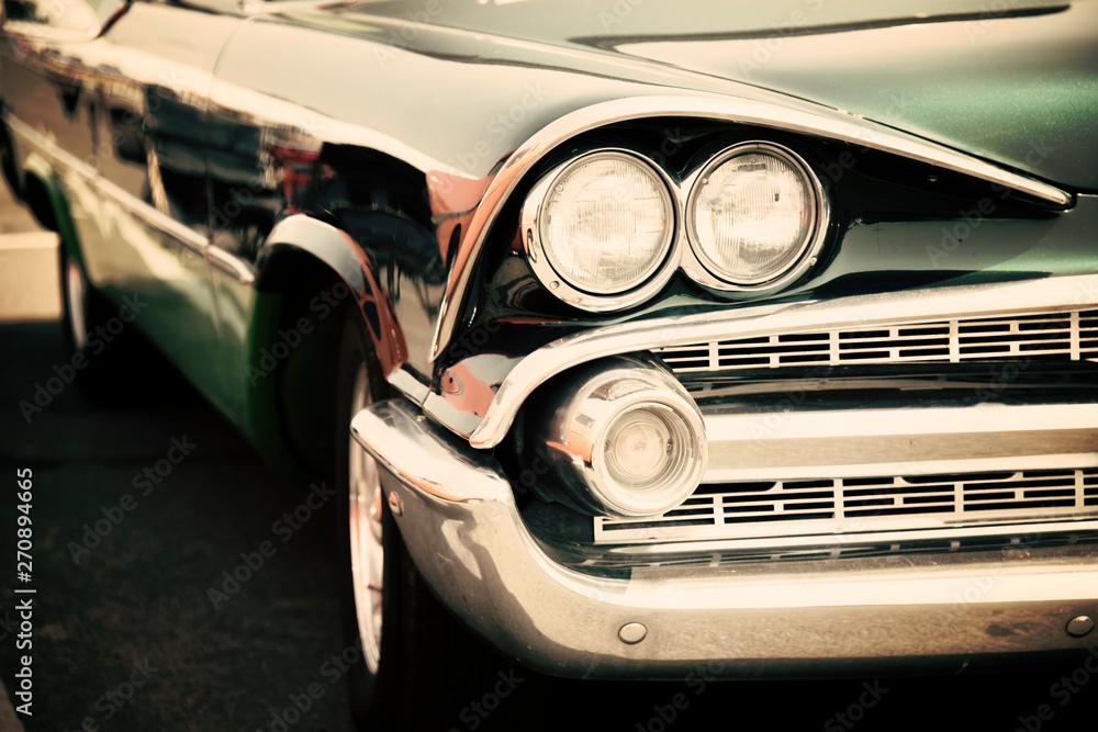 Old american car headlights close-up