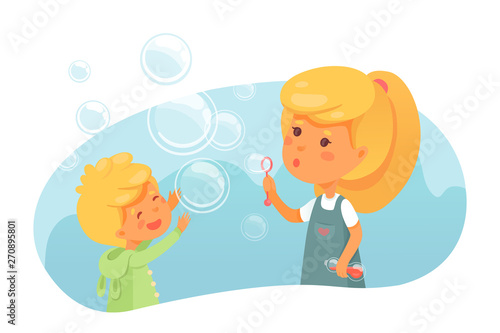 Kids blowing soap bubbles flat vector illustration