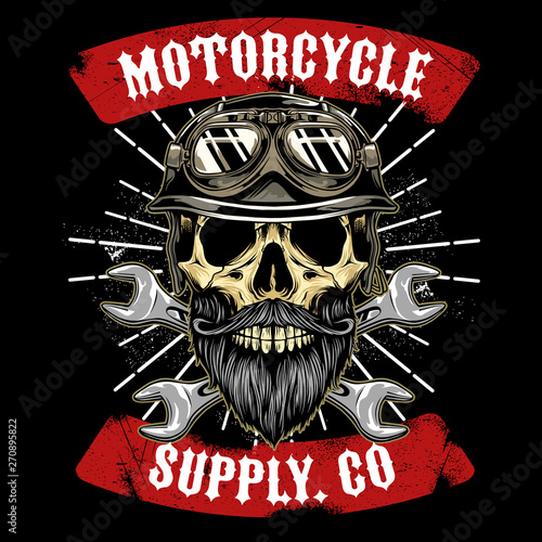 Skull with Beard Motorcycle club Emblem Vector Illustration