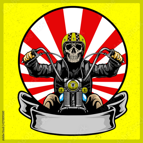 skull with classic helmet riding motorcycle with sun burst emblem vector illustration