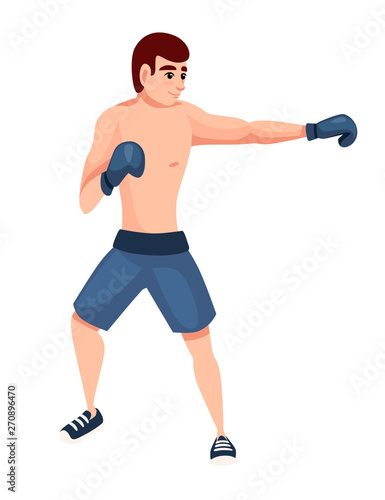 Boxer in sports pants with boxing gloves punching training cartoon character design flat vector illustration isolated on white background