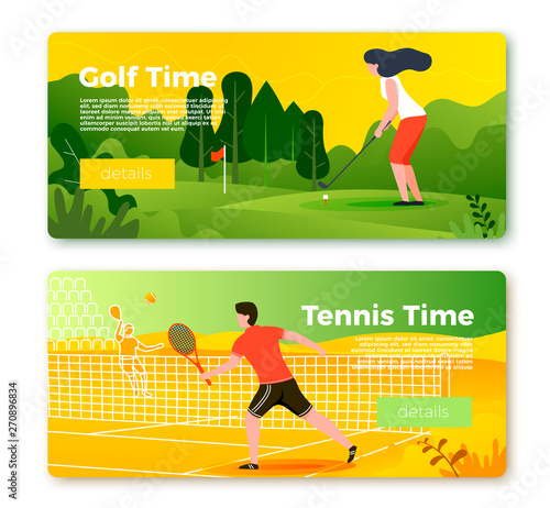 Vector set of bright banner templates with tennis man and golf girl. City, forest, river and mountains on soft background. With place for your text.