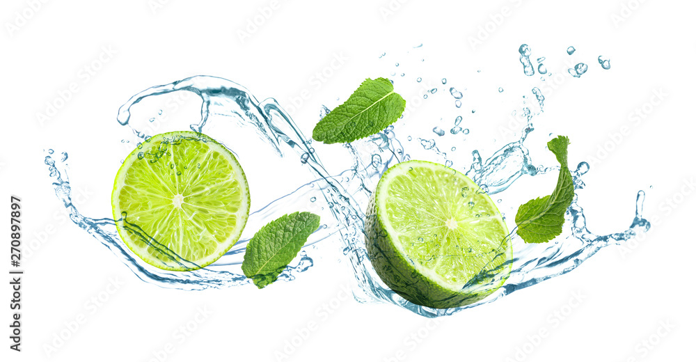 Fototapeta Slices of juicy lime, fresh mint and splashing cold water on white background