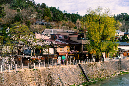 Japanese riverside house at Miyagawa river which pass through Takayama city. One of a popular city in central Japan