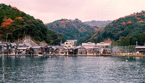 Scenic view of Ine-Cho and Funaya houses at Ine bay in Autumn , Kyoto, Japan