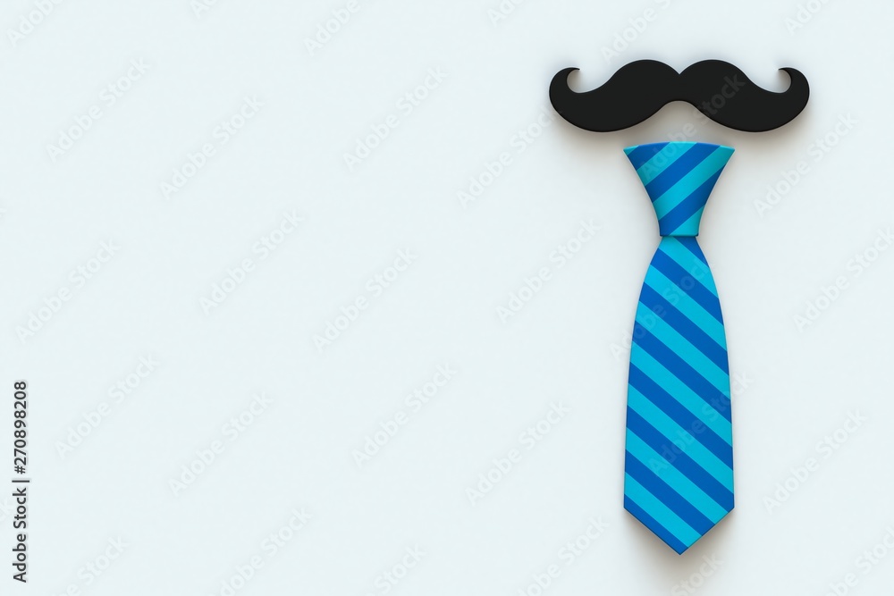 Happy Father’s Day concept with mustache and neck tie on white background, Top view with copy space, 3d rendering Happy Father’s Day concept with mustache and neck tie on white background, Top view with copy space, 3d rendering