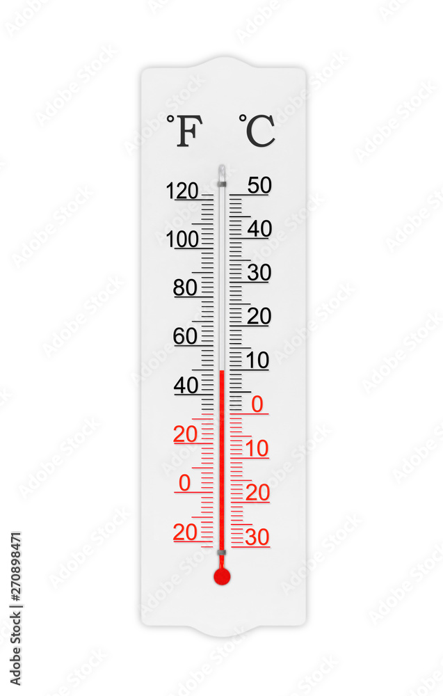 Fahrenheit and celsius scale meteorology thermometer for measuring air temperature. Thermometer isolated on white background. Ambient temperature plus 50 degrees fahrenheit Fahrenheit and celsius scale meteorology thermometer for measuring air temperature. Thermometer isolated on white background. Ambient temperature plus 50 degrees fahrenheit