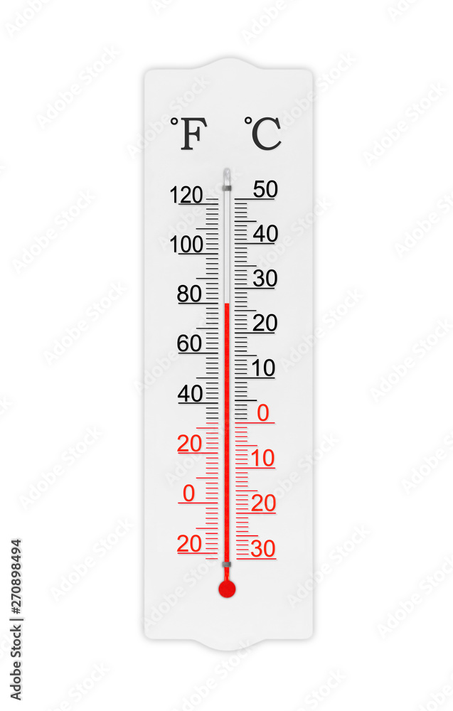 Fahrenheit and celsius scale meteorology thermometer for measuring air temperature. Thermometer isolated on white background. Ambient temperature plus 80 degrees fahrenheit Fahrenheit and celsius scale meteorology thermometer for measuring air temperature. Thermometer isolated on white background. Ambient temperature plus 80 degrees fahrenheit
