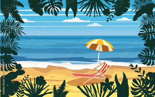 Time to travel ocean sea beach, coast, palm leaves umbrella, beach chair