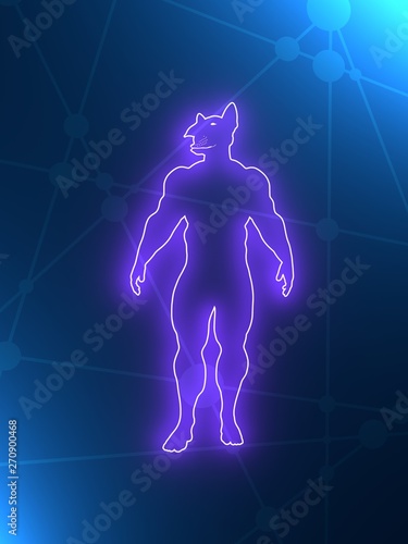 Man with head of Bull terrier. Animal and human hybrid. Outline silhouettes. 3D rendering.